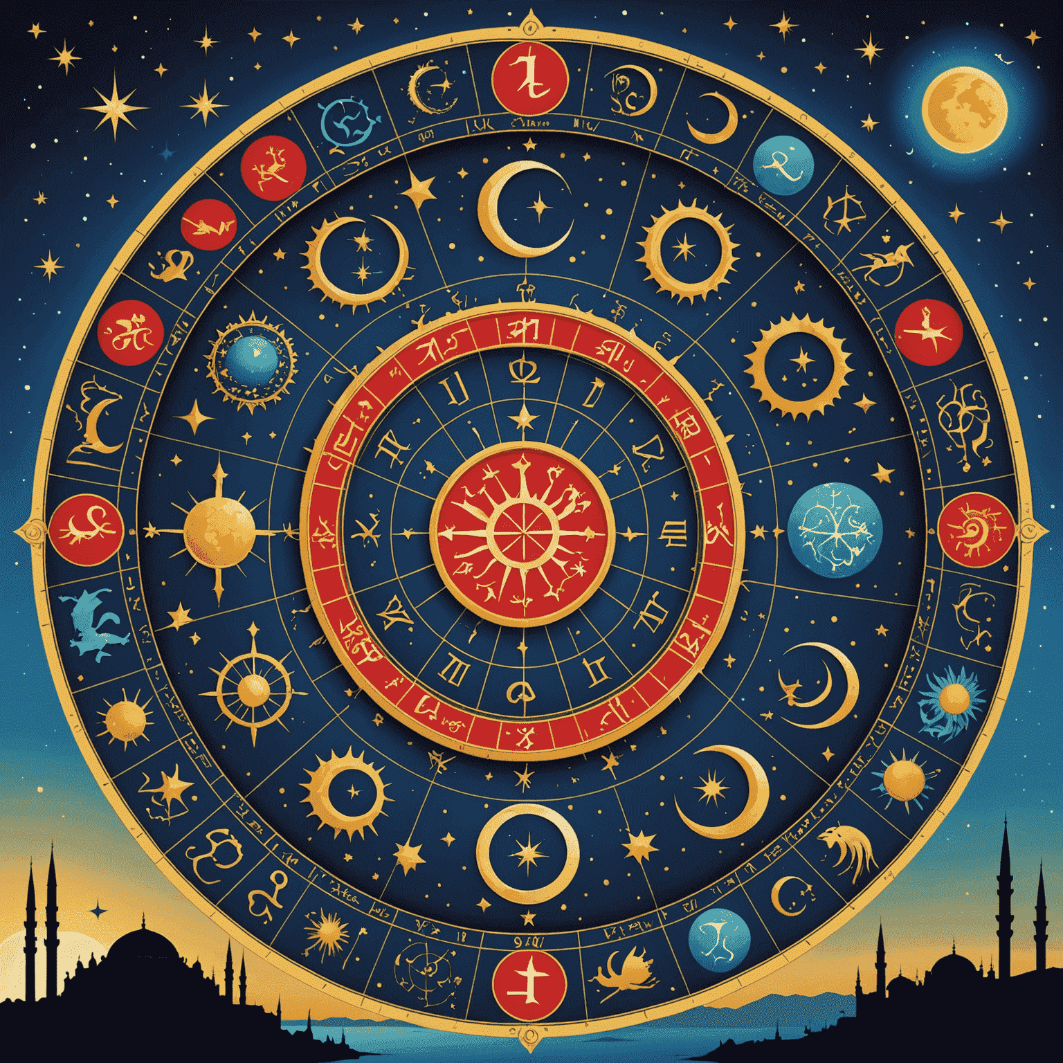 Türk astroloji sembollerini ve burç haritasını gösteren renkli bir illüstrasyon. Arka planda İstanbul silueti var.